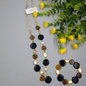 Latasia Signed Vintage Black and Gold Necklace And Bracelet Set